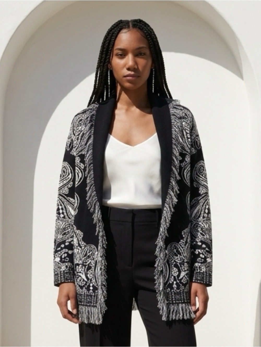 Sioni Paisley Fringe Cardigan Artsy Eclectic Monochrome Retro Style Sweater Med